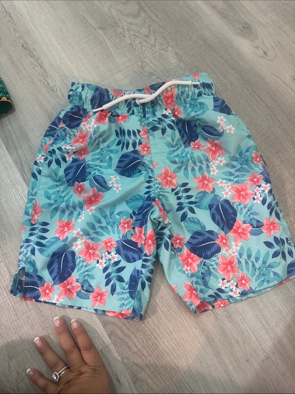 Sporto Kids Swim Trunks in Aqua with Navy and Coral Floral Print